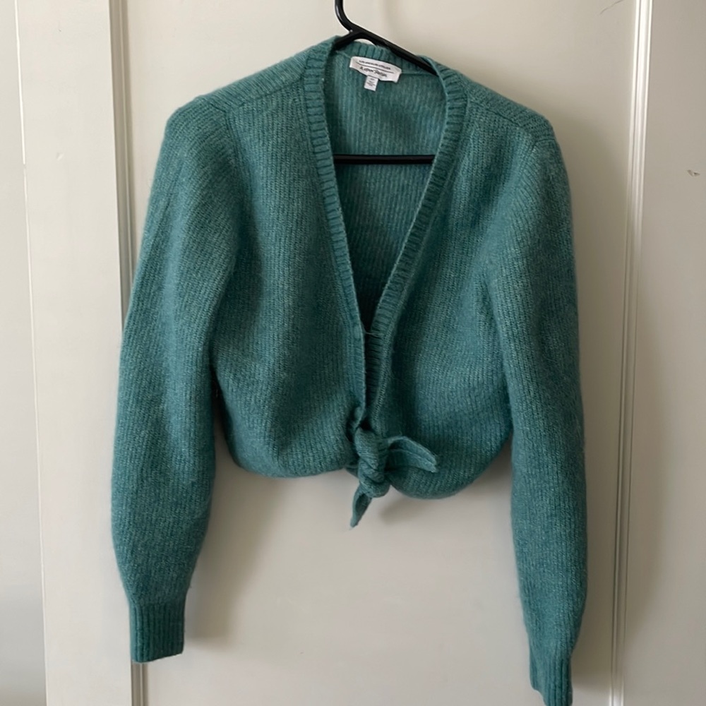 & other stories fuzzy teal cropped sweater